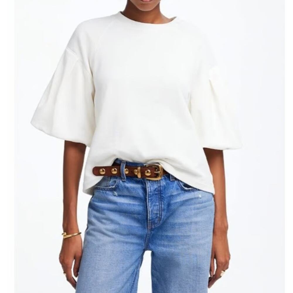 Madewell Puff-Sleeve Sweatshirt Tee Womens S Cream Cotton-Blend Fleece Crew Neck